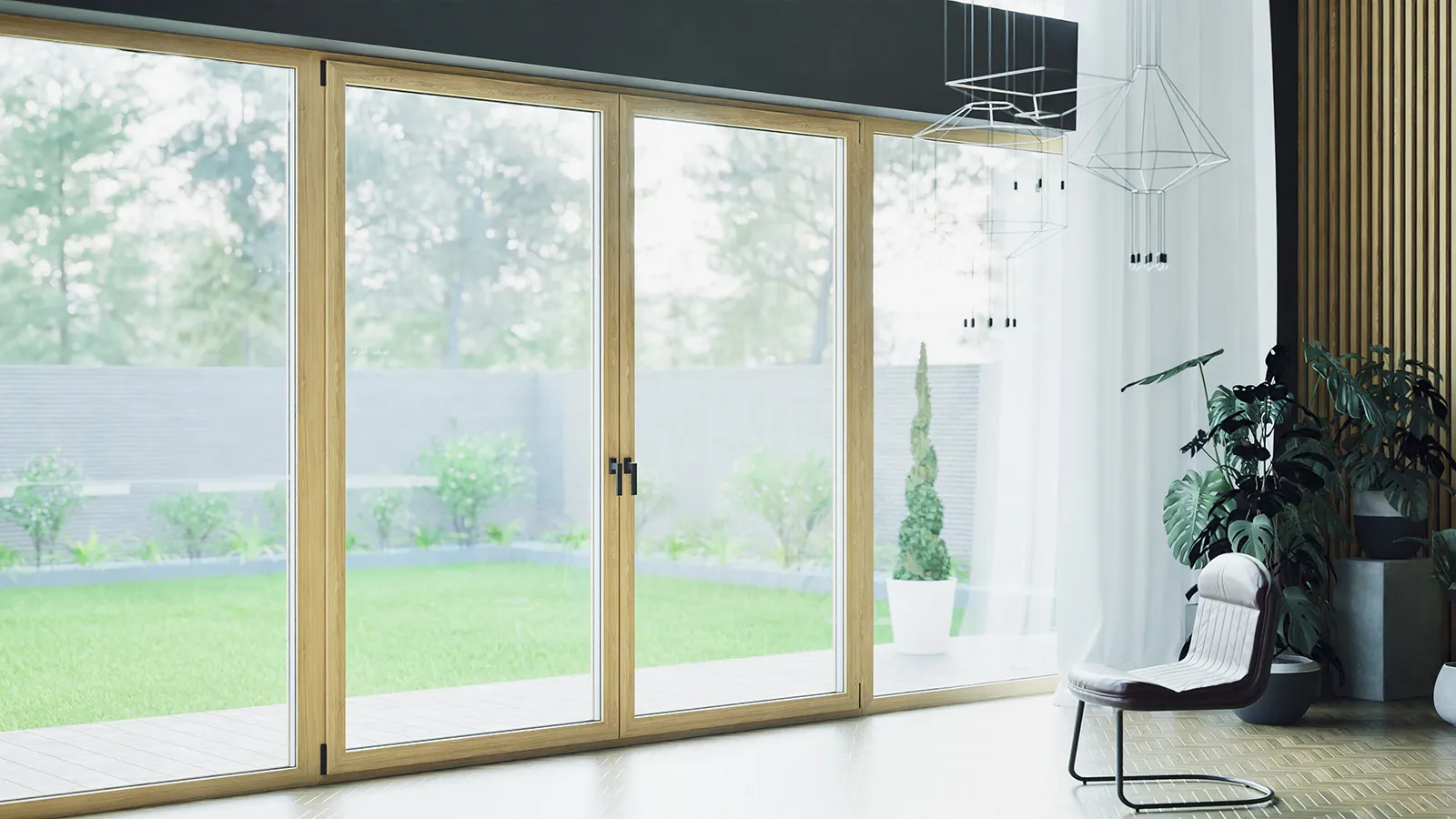 Intérieur présenté par Drutex, avec menuiseries de la gamme IGLO EDGE et finition aspect bois