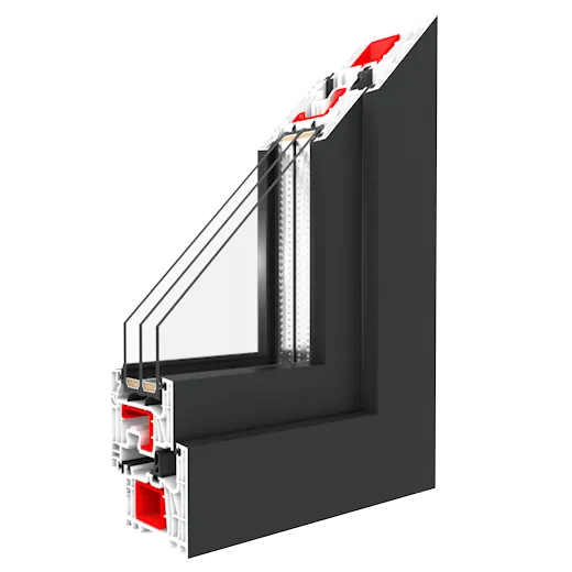 Coupe du profilé PVC IGLO EDGE Drutex, montrant ses chambres et ses joints