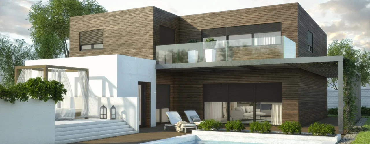 Maison contemporaine avec de grandes ouvertures vitrées et des protections solaires