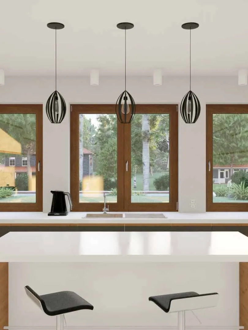 Fenêtres Drutex dans une cuisine lumineuse — illustration du fabricant
