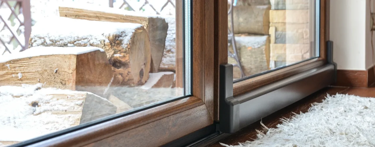 Détail d’une fenêtre en finition bois, avec poignée et joints visibles