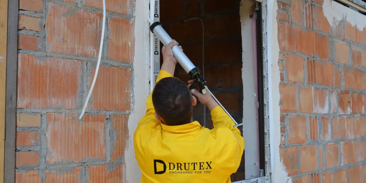 Pose d’une menuiserie Drutex sur un chantier en maçonnerie